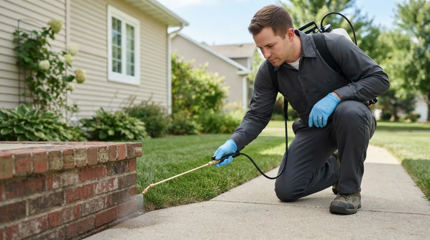 Pest control technician treating a home near Foster, WV